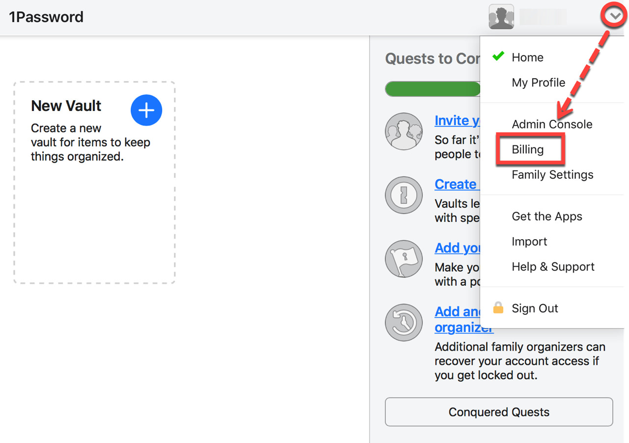 1password-mac-subscription-migration3.jpg 画面右上の矢印アイコンからBillingをクリック