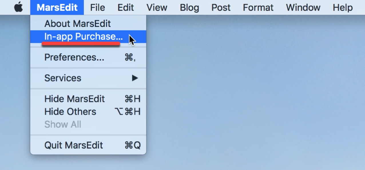 purchase-marsedit-4-upgrade-price1.jpg メニューバーの「MarsEdit」で「in-app Purchase」をクリック