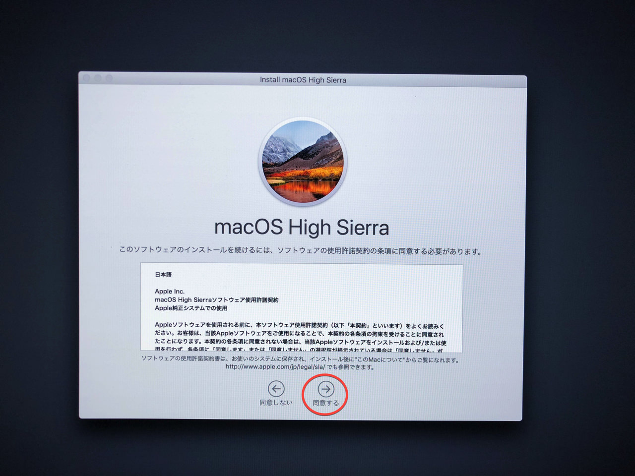 macOS High Sierra ソフトウェア使用許諾契約に同意する